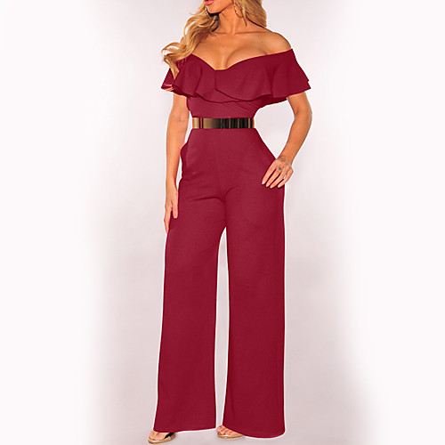 

Women's Club Birthday Boat Neck Off Shoulder White Black Wine Jumpsuit Solid Colored High Waist / Wide Leg / Sexy