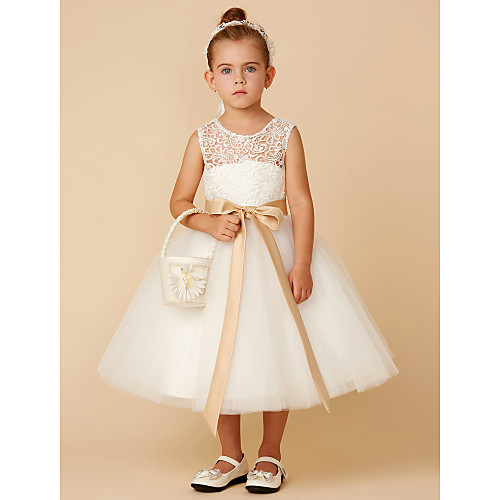 

Princess Tea Length Wedding / First Communion Flower Girl Dresses - Lace / Tulle Sleeveless Jewel Neck with Sash / Ribbon / Bow(s)