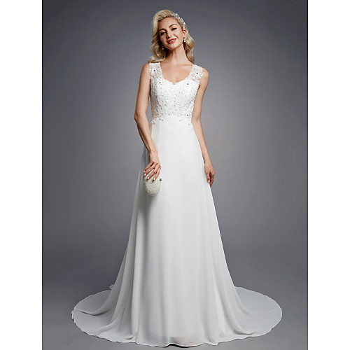 

A-Line Wedding Dresses V Neck Floor Length Chiffon Lace Regular Straps Sexy with Beading Appliques Button 2020