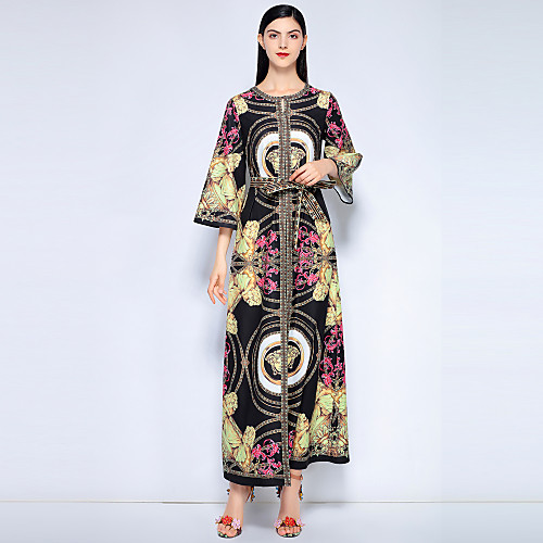 

Women's Jalabiya Maxi long Dress Black 3/4 Length Sleeve Floral Print Spring Round Neck Vintage Streetwear Going out Beach Cotton Loose S M L XL XXL 3XL