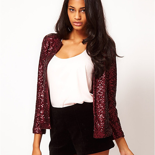 

Women's Color Block Sequins Basic Fall Jacket Short Daily Long Sleeve Acrylic Coat Tops Black