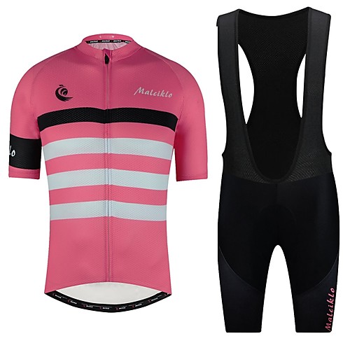 

Malciklo Men's Cycling Jersey with Bib Shorts - Pink Bike Bib Shorts Jersey Clothing Suit Quick Dry Anatomic Design Reflective Strips Sports Lycra Horizontal Strips Mountain Bike MTB Road Bike Cycling