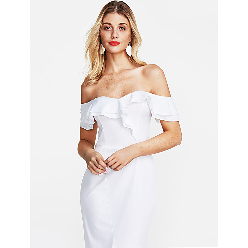 

Women's Bodycon Midi Dress White Black Yellow Short Sleeve Solid Color Split Ruffle Summer Strapless Off Shoulder S M L XL