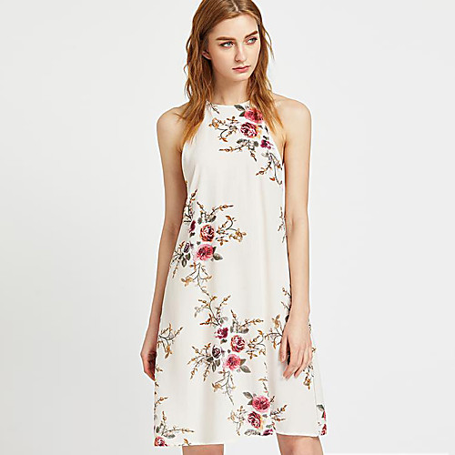

Women's Shift Dress Short Mini Dress White Sleeveless Floral Print Summer Halter Neck Cotton S M L XL