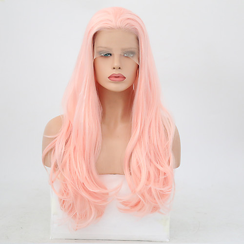 

Synthetic Lace Front Wig Wavy Layered Haircut Lace Front Wig Pink Long Pink Synthetic Hair Women's Heat Resistant Pink