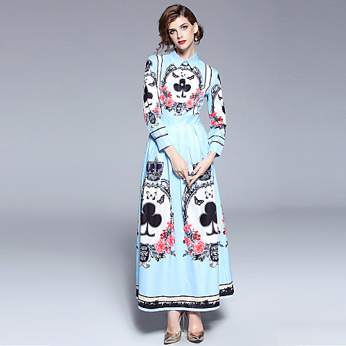 

Women's Swing Dress Maxi long Dress Blue Long Sleeve Floral Print Spring Shirt Collar Streetwear Boho Holiday Going out Floral M L XL XXL