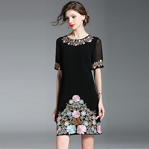 

Women's Chiffon Dress Short Mini Dress Black Short Sleeve Floral Embroidered Summer Round Neck Streetwear Sophisticated Holiday Going out S M L XL XXL 3XL