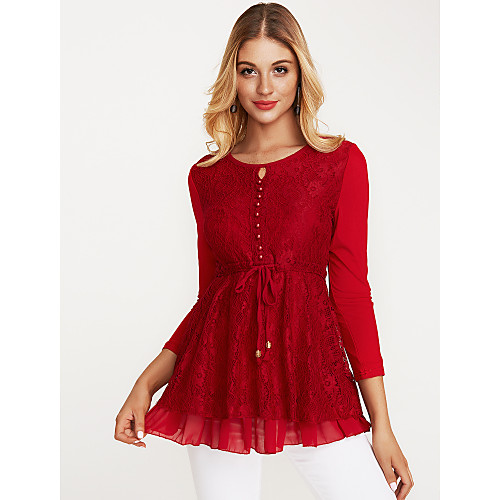 

Women's Blouse Solid Colored Long Sleeve Daily Tops Cotton Black Wine Brown