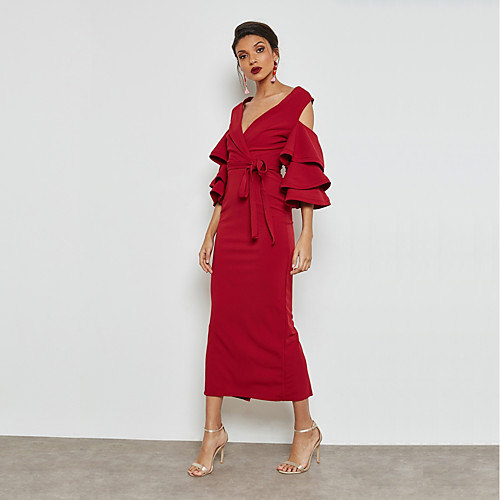 

Women's Bodycon Maxi long Dress Purple Red Long Sleeve Solid Colored Split Ruffle Summer Deep V Streetwear Sophisticated Party Work Slim M L XL XXL 3XL / Plus Size / High Waist / Plus Size / Sexy