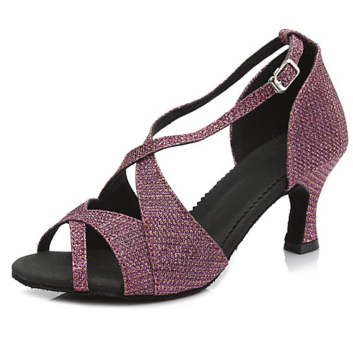 

Women's Latin Shoes Salsa Shoes Sandal Heel Buckle Sequin Slim High Heel Purple