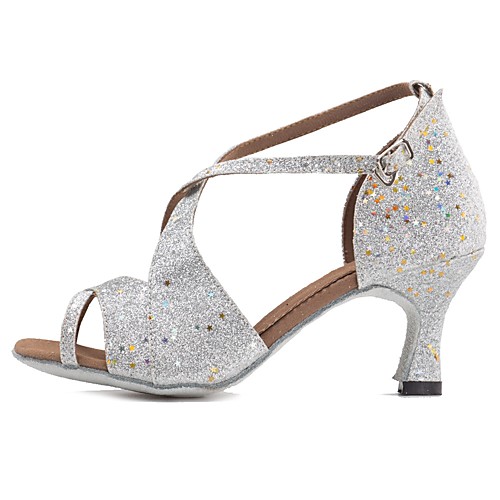 

Women's Dance Shoes Faux Leather Latin Shoes / Salsa Shoes Sequin / Buckle Sandal / Heel Slim High Heel Customizable Silver / Performance