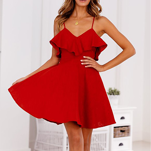 

Women's Strap Dress Short Mini Dress Red Sleeveless Solid Colored Ruffle Spring Summer Basic Streetwear Ruffle S M L XL