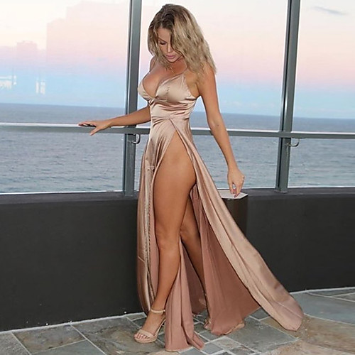 

Women's Swing Dress Maxi long Dress Khaki Sleeveless Solid Colored Backless Deep V Sexy Cotton Skinny Split S M L XL