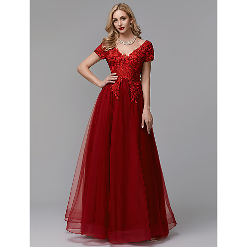 

A-Line Chinese Style Elegant Prom Formal Evening Dress V Neck Short Sleeve Floor Length Lace Tulle with Appliques 2021