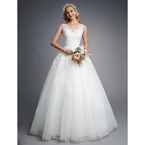 

Ball Gown Wedding Dresses Jewel Neck Floor Length Lace Tulle Regular Straps Formal Casual Illusion Detail Backless with Beading Appliques 2021