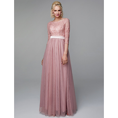 

A-Line Elegant Prom Formal Evening Dress Illusion Neck Half Sleeve Floor Length Lace Tulle with Sash / Ribbon Appliques 2021