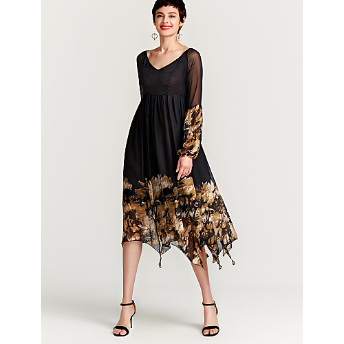 

Women's Swing Dress Maxi long Dress Black Long Sleeve Black Floral Print Spring Round Neck Basic S M L XL XXL