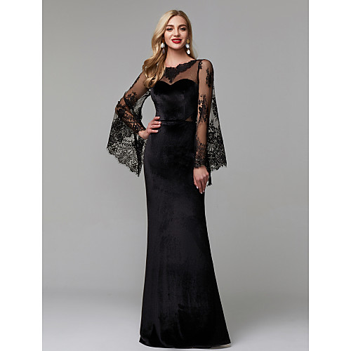 

Sheath / Column Elegant Engagement Formal Evening Dress Illusion Neck Long Sleeve Floor Length Lace Velvet with Lace Insert 2021