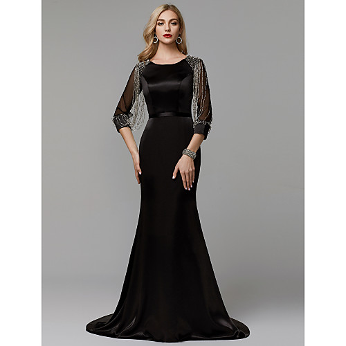 

Mermaid / Trumpet Elegant Formal Evening Black Tie Gala Dress Boat Neck 3/4 Length Sleeve Sweep / Brush Train Satin Taffeta with Beading 2021