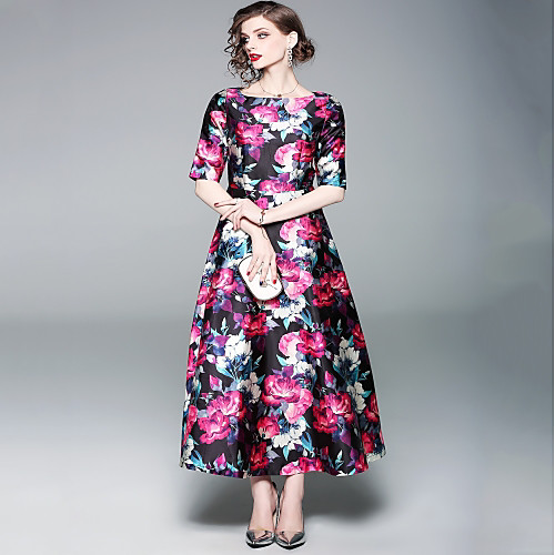 

Women's Sheath Dress Maxi long Dress Purple Half Sleeve Floral Print Summer Round Neck Basic Floral M L XL XXL 3XL