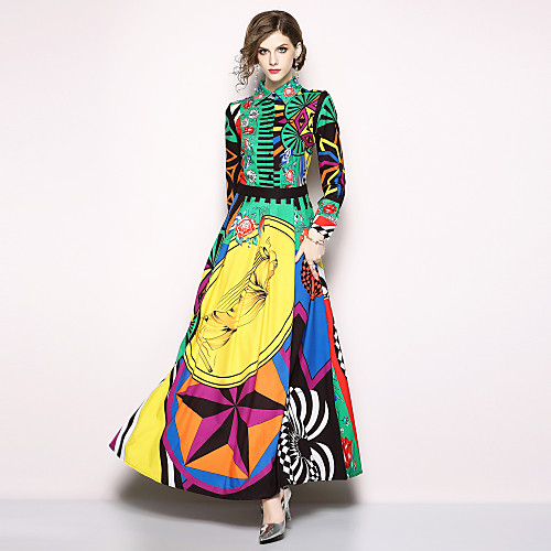 

Women's Swing Dress Maxi long Dress Rainbow Long Sleeve Geometric Print Summer Shirt Collar Streetwear Boho Holiday Going out S M L XL XXL