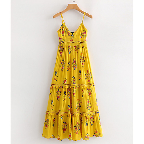 

Women's Strap Dress Knee Length Dress Yellow Sleeveless Floral S M L