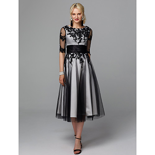 

A-Line Little Black Dress Elegant Cocktail Party Wedding Party Dress Jewel Neck Half Sleeve Tea Length Lace Tulle with Sash / Ribbon Appliques 2021