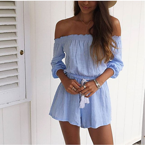 

Women's Active Basic Party Going out Strapless Off Shoulder Light Blue Slim Romper Color Block Solid Colored Lace up Cotton / Wide Leg / Sexy