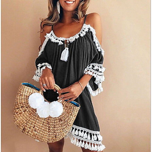 

Women's Shirt Dress Short Mini Dress Black Blue Purple Wine Long Sleeve Round Neck Tassel S M L XL XXL 3XL 4XL 5XL