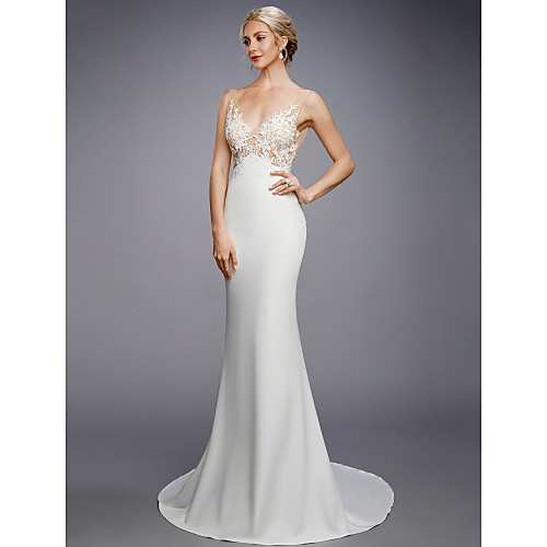 

Mermaid / Trumpet Wedding Dresses V Neck Court Train Lace Knit Regular Straps Sexy Backless with Appliques 2021