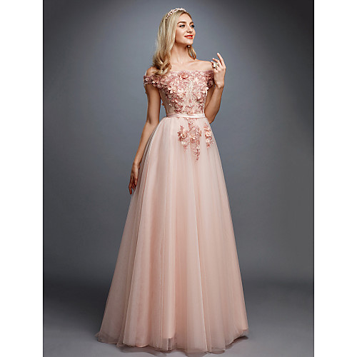 

A-Line Floral Prom Formal Evening Valentine's Day Dress Off Shoulder Sleeveless Sweep / Brush Train Tulle Over Lace with Appliques 2021