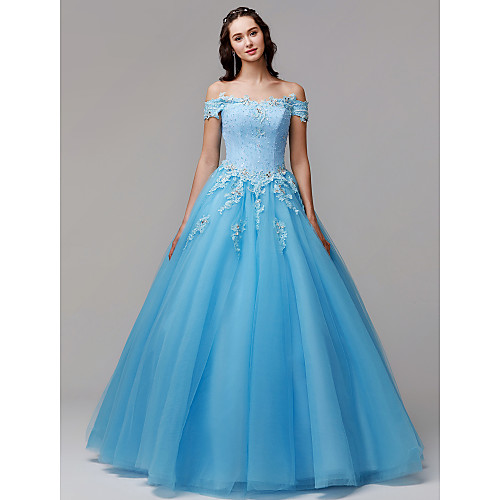 

Ball Gown Vintage Inspired Formal Evening Dress Off Shoulder Sleeveless Floor Length Lace Tulle with Crystals Appliques 2021