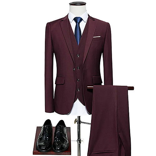 

Blue / Burgundy Solid Colored Standard Fit Polyester Suit - Notch Single Breasted One-button / Suits