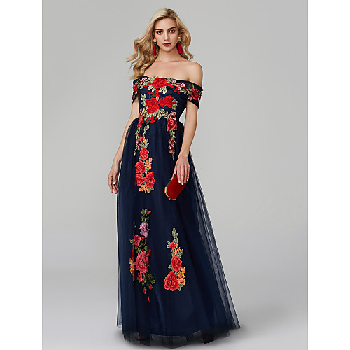 

A-Line Floral Blue Prom Formal Evening Dress Off Shoulder Sleeveless Floor Length Lace Over Tulle with Embroidery Appliques 2020