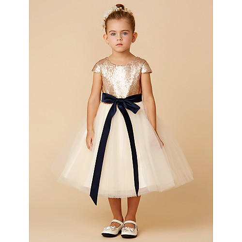 

Princess Tea Length Pageant Flower Girl Dresses - Tulle / Sequined Short Sleeve Jewel Neck with Sash / Ribbon / Bow(s) / Sequin