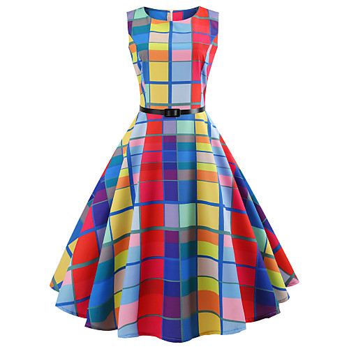 

Audrey Hepburn Country Girl Plaid Retro Vintage 1950s Wasp-Waisted Dress Masquerade Women's Costume Rainbow Vintage Cosplay School Office Festival Sleeveless Medium Length A-Line