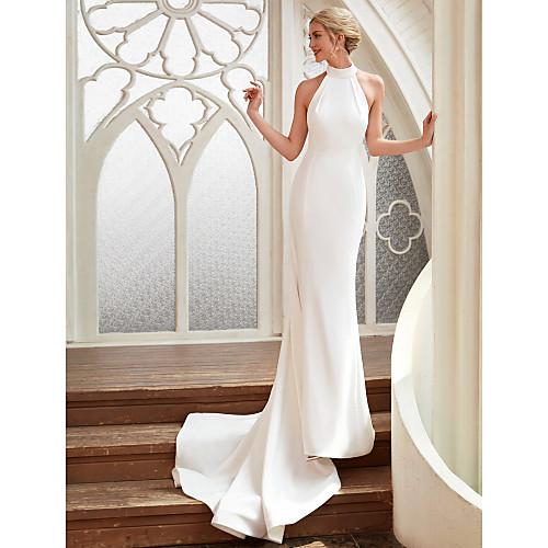 

Sheath / Column Wedding Dresses Halter Neck Court Train Chiffon Satin Regular Straps Simple Backless Elegant with 2021