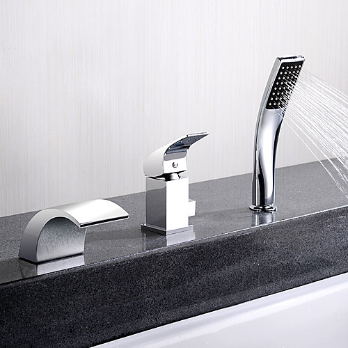 

Bathtub Faucet - Contemporary Chrome Deck Mounted Ceramic Valve Bath Shower Mixer Taps / Single Handle Three Holes