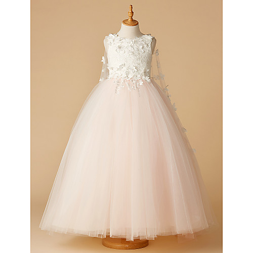 

Ball Gown Floor Length Wedding / Party / Pageant Flower Girl Dresses - Lace / Tulle Sleeveless Jewel Neck with Beading / Appliques / Flower