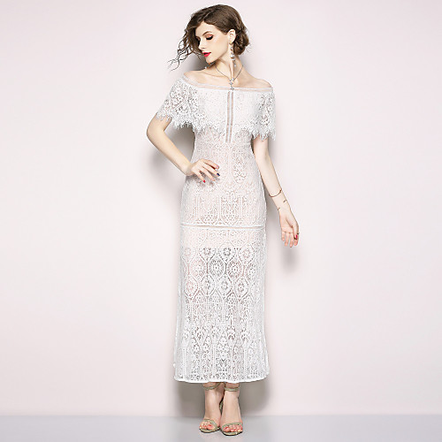 

Women's Sheath Dress Maxi long Dress White Short Sleeve Solid Colored Ruffle Lace Summer Boat Neck Streetwear Sophisticated Party Holiday Slim Off Shoulder S M L XL XXL / High Waist