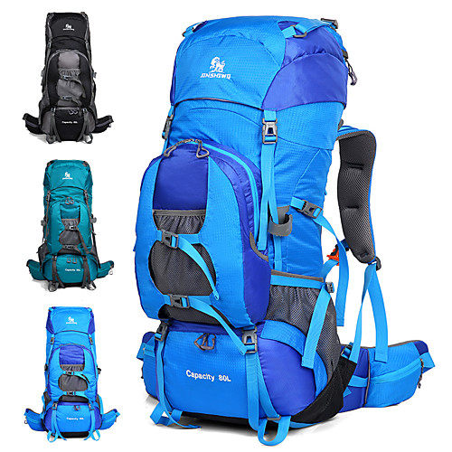 

80 L Hiking Backpack Rucksack Breathable Straps - Waterproof Reflective Trim High Capacity Outdoor Camping / Hiking Hunting Fishing Nylon Black Sky Blue Blue / Yes