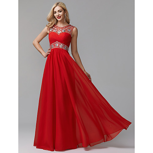 

A-Line Empire Prom Formal Evening Dress Jewel Neck Sleeveless Floor Length Chiffon Over Satin with Crystals Beading 2021