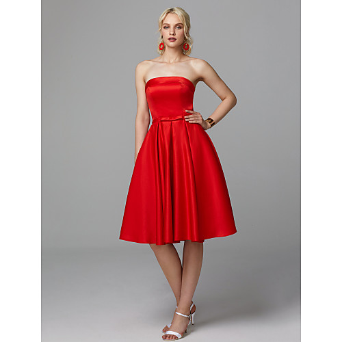 

A-Line Minimalist Elegant Cute Homecoming Cocktail Party Valentine's Day Dress Strapless Sleeveless Knee Length Satin Stretch Satin with Bow(s) Pleats 2021