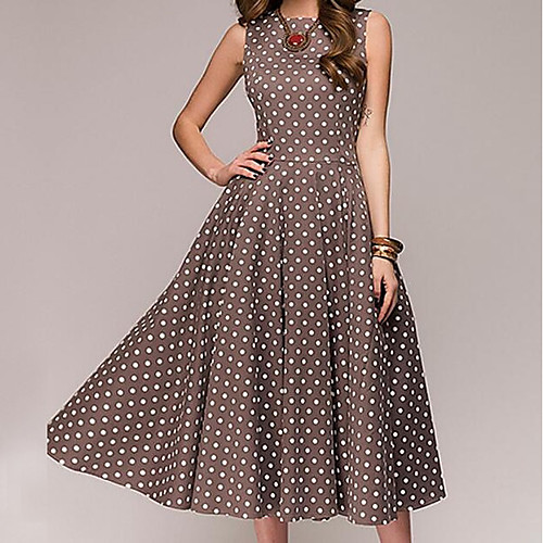 

Women's A Line Dress Midi Dress Red Brown Sleeveless Polka Dot Summer Round Neck Vintage Cotton Polka Dot S M L XL