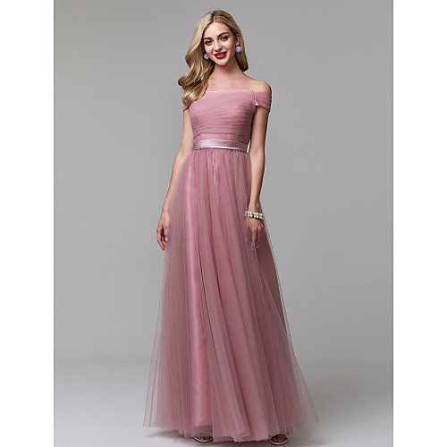 

A-Line Minimalist Prom Formal Evening Dress Off Shoulder Short Sleeve Floor Length Tulle with Ruched 2021