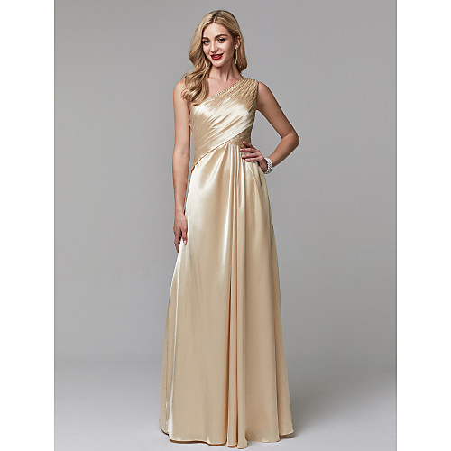 

A-Line Minimalist Elegant Prom Formal Evening Dress One Shoulder Sleeveless Floor Length Stretch Satin with Pleats Beading 2021