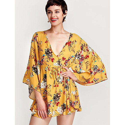 

Women's Loose Knee Length Dress Yellow 3/4 Length Sleeve Solid Colored Print Spring Summer V Neck Streetwear Flare Cuff Sleeve Cotton Floral S M L