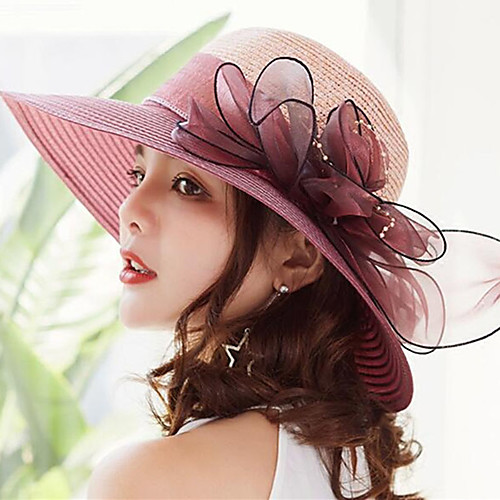 

Women's Kentucky Derby Active Holiday Straw Lace Straw Hat-Solid Colored Ruffle Summer Gray Fuchsia Wine