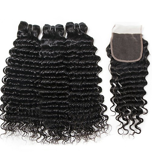 

3 Bundles with Closure Malaysian Hair Curly Human Hair 340 g Natural Color Hair Weaves / Hair Bulk Human Hair Extensions Hair Weft with Closure 8-22 inch Natural Color Human Hair Weaves Best Quality