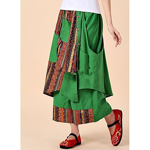 

Women's Boho Loose Daily Wide Leg Chinos Pants Striped Color Block Rainbow Layered Pleated Patchwork High Waist Black Red Fuchsia / Print